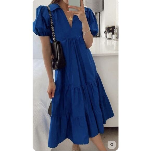 Zara Dresses & Skirts - Zara Cotton Poplin Midi Dress Medium Cobalt Royal Blue Collared Tiered Preppy
